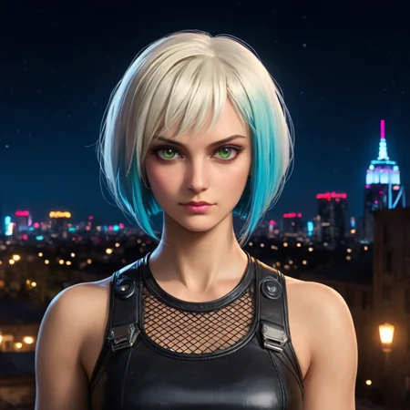 (masterpiece, best quality, highly detailed, realistic, cinematic light, night time), source_western, 2.5d, screencap, portrait of preraph as a cyberpunk girl, multicolored hair, short bob hair, looking at the viewer, tight mesh tank top, close up, (((night city background))) 
<lora:Pre-Raphaelite_Model_SDXL:1> preraph