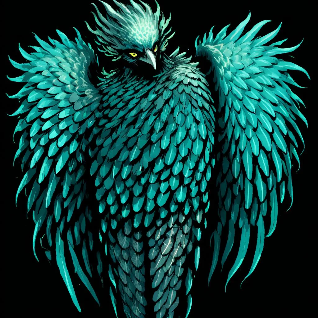 wizardry, illustration, beautiful Female monster, Humanoid Creature, feathers, long bird leg talons, black background, tattoos, holding a spear, mythical, mint turquoise color palette, Harpy