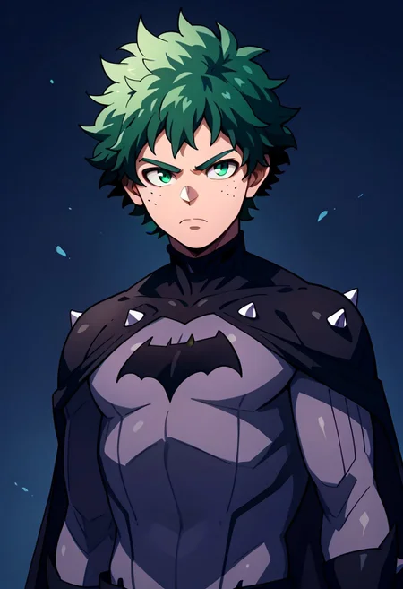 score_9,score_8_up,score_7_up,score_6_upscore_9,score_8_up,score_7_up,score_6_up,easynegative,negative_hand,source_cartoon,Expressionh
1 boy, Izuku Midoriya, green hair, messy hair, green eyes, green eyebrows, marked body, half body, detailed, Batman suit, black gloves, gray bodysuit, black shorts, black boots, black cape, bat symbol on chest, no Batman mask, no mask, serious look, spikes on forearms.
