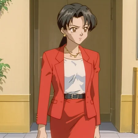 <lora:SakuraOVA_pony_v1:.8>SakuraNecklace, 1girl, pencil skirt, retro artstyle, 1990s (style), black hair, red jacket, red skirt, jewelry, ponytail, formal, suit, white shirt, earrings, belt, pantyhose, long sleeves, long hair, brown eyes, necklace, cowboy shot