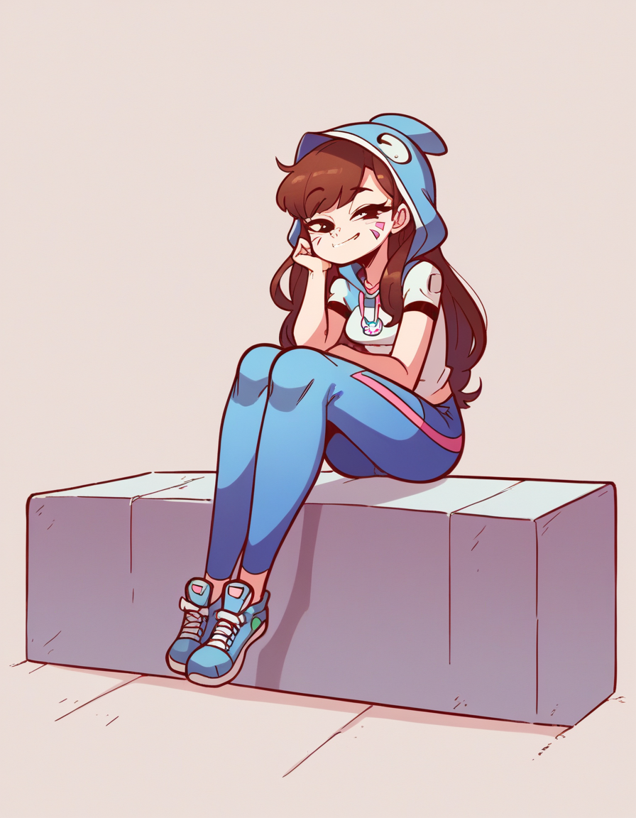 zPDXL, score_9, score_8_up, score_7_up, source_anime, 1girl, solo,
 <lora:diives_v2-20:1> diives, (portrait), D.Va, brown hair, long hair, smirk, head_rest, wearing Blue dolphin costume with dorsal fin, dolphin head hood, blue leggings, blue sneakers