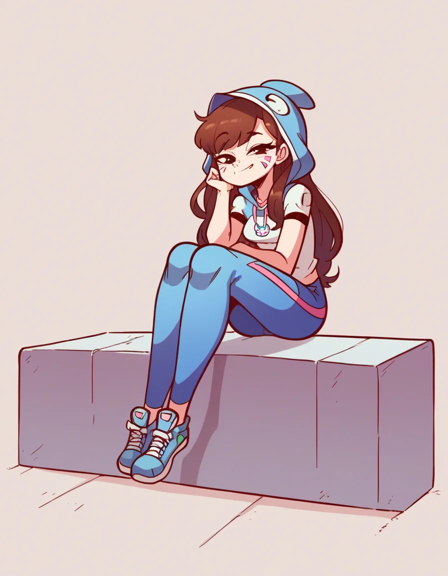 zPDXL, score_9, score_8_up, score_7_up, source_anime, 1girl, solo,
 <lora:diives_v2-20:1> diives, (portrait), D.Va, brown hair, long hair, smirk, head_rest, wearing Blue dolphin costume with dorsal fin, dolphin head hood, blue leggings, blue sneakers