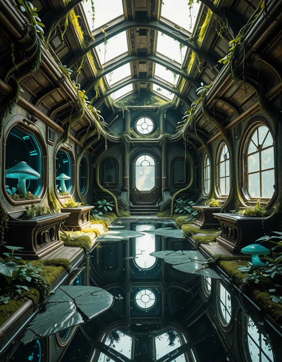 The interior of an ancient abandoned spaceship, overtaken by lush vegetation. The walls and ceiling are covered in thick, twisting vines and moss. Strange alien plants glow faintly in shades of blue and green, casting an eerie, mystical light across the metallic surfaces. Rusted control panels and shattered glass windows hint at a long-forgotten past. The floor is cracked and partially flooded with still, reflective water. Patches of bioluminescent fungi cling to the corners, adding a surreal atmosphere. The air feels heavy with moisture, and beams of soft, diffused light filter through holes in the hull, creating dramatic shafts of light and shadow. The overall style is hyper-realistic, rich in textures, with a cinematic and slightly melancholic mood.<lora:SDXLFaeTastic2400:0.4> <lora:extremely_detailed:0.4> extremely detailed,ancient abandoned sp4c3sh1p, <lora:ancient_abandoned_sp4c3sh1p-i:1>, Masterpiece,best quality,hi res,8k,hi res,8k,award winning,(sharp focus, intricate, highly detailed),