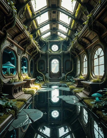 The interior of an ancient abandoned spaceship, overtaken by lush vegetation. The walls and ceiling are covered in thick, twisting vines and moss. Strange alien plants glow faintly in shades of blue and green, casting an eerie, mystical light across the metallic surfaces. Rusted control panels and shattered glass windows hint at a long-forgotten past. The floor is cracked and partially flooded with still, reflective water. Patches of bioluminescent fungi cling to the corners, adding a surreal atmosphere. The air feels heavy with moisture, and beams of soft, diffused light filter through holes in the hull, creating dramatic shafts of light and shadow. The overall style is hyper-realistic, rich in textures, with a cinematic and slightly melancholic mood.<lora:SDXLFaeTastic2400:0.4> <lora:extremely_detailed:0.4> extremely detailed,ancient abandoned sp4c3sh1p, <lora:ancient_abandoned_sp4c3sh1p-i:1>, Masterpiece,best quality,hi res,8k,hi res,8k,award winning,(sharp focus, intricate, highly detailed),