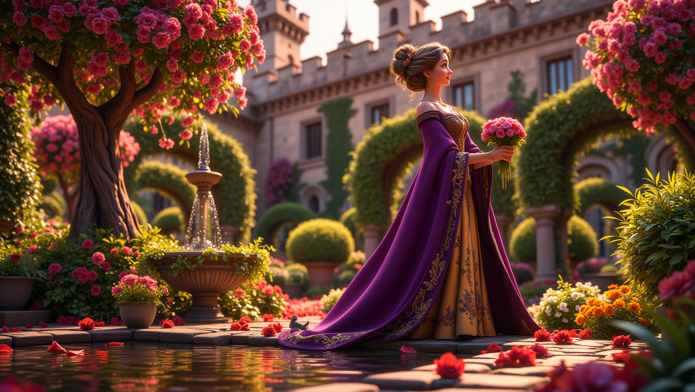 A noblewoman, adorned in a flowing gown of deep purple and gold, strolls through a lush castle garden. She holds a small bouquet of roses and pauses by a fountain, her expression wistful as she gazes into the water. The garden is filled with vibrant flowers, manicured hedges, and the soft chirping of birds. The style is elegant and romantic, capturing the tranquility of the noblewomanâs world and the beauty of medieval nobility  <lora:Cute_3d_Cartoon_Flux:0.6>