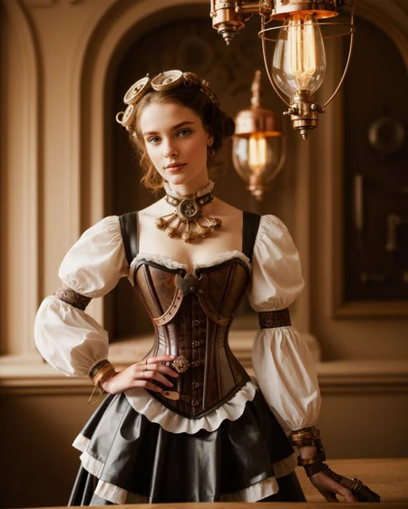 (Layered Depth, Parallax Effect, Soft focus foreground, Painted Scenery, style of Tim Walker:1.1), large covered breasts, busty cleavage, hourglass body shape, alluring feminine physique,  B34U71FU1_CA3LIA, thin jaw, small chin,  ([style of Jovana Rikalo, OverallDetail:style of Liam Wong, HairDetail SkinDetail:0.4]:1.15), [Victorian:steampunk:0.6] setting, woman embodying a steampunk aesthetic with a Victorian twist, ((intricate corset design)), holding greasy spout oil can, steel boned corset with brass cogs and gear accents, layered bustle skirt in rich brocade, detailed with copper threading, high-collar ruffled blouse with puffed sleeves, leather gloves reaching just below the elbow, adorned with delicate clockwork pieces, striking leather boots with metal heel detailing, a combination of elegance and industrial flair, hair styled in a sophisticated updo, adorned with miniature steampunk-inspired hat, subtle yet striking makeup highlighting her sharp features, standing confidently in a vintage workshop setting, surrounded by brass and copper machinery, soft glow of ambient gaslights, casting dramatic shadows, the air filled with a sense of adventure and mechanical wonder, her presence a perfect blend of Victorian grace and steampunk boldness, captivating the viewer with a look that's both nostalgic and forward-thinking.