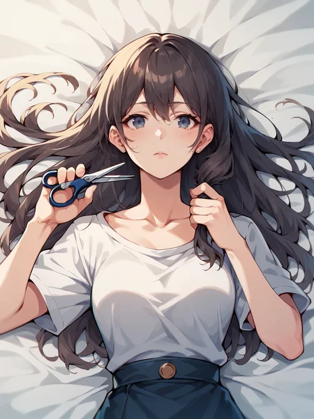 score_9, score_8_up, score_7_up, score_6_up,   <lora:cuth41r2:1> cutting hair, cuth41r, haircut, cut off hair, cutting hair, holding hair, holding scissors, 1girl, long hair, lying, hair spread out,