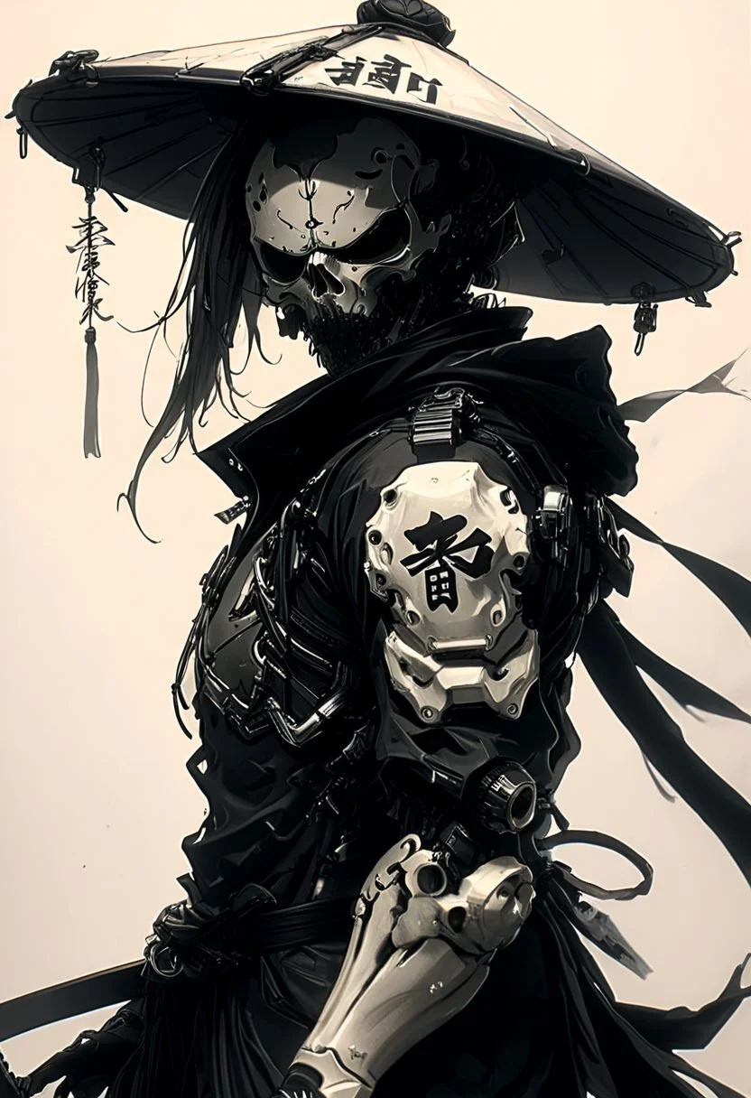 assassinkahb style, a black and white photo of an Cyborg Samurai assassin wearing a motorcycle jacket with japanese writing on the back, solo, simple background, shoulders implementations of wires and nano Future Tech, Large sedge hat, 1boy, white background, jacket, monochrome, upper body, greyscale, male focus, long hair in wind, weapon, clothes writing, skull, skeleton, japanese flag, creating a Synthwave sunrise scene with bleaked dark colorful Neon and black details,