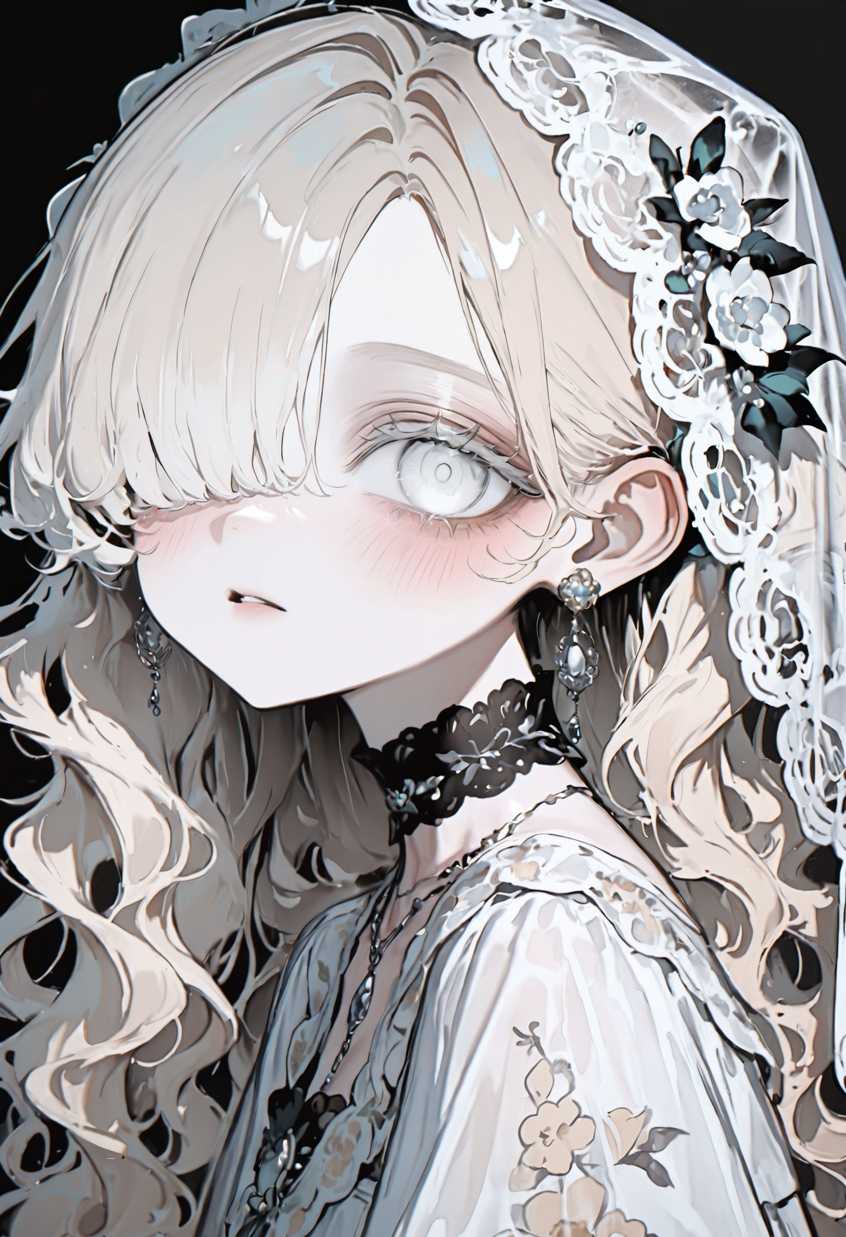 <lora:bmEybWVndV9f-illustriousXL_v01_V2-CAME>, bmEyb, 1girl, jewelry, solo, looking at viewer, white eyes, black background, hair over one eye, long hair, earrings, hair ornament, parted lips, simple background, upper body, dress, flower, blush, hair flower, white dress, wavy hair, blonde hair, portrait, veil, from side, choker, floral print, lace, necklace, embroidery, dark background, lace choker