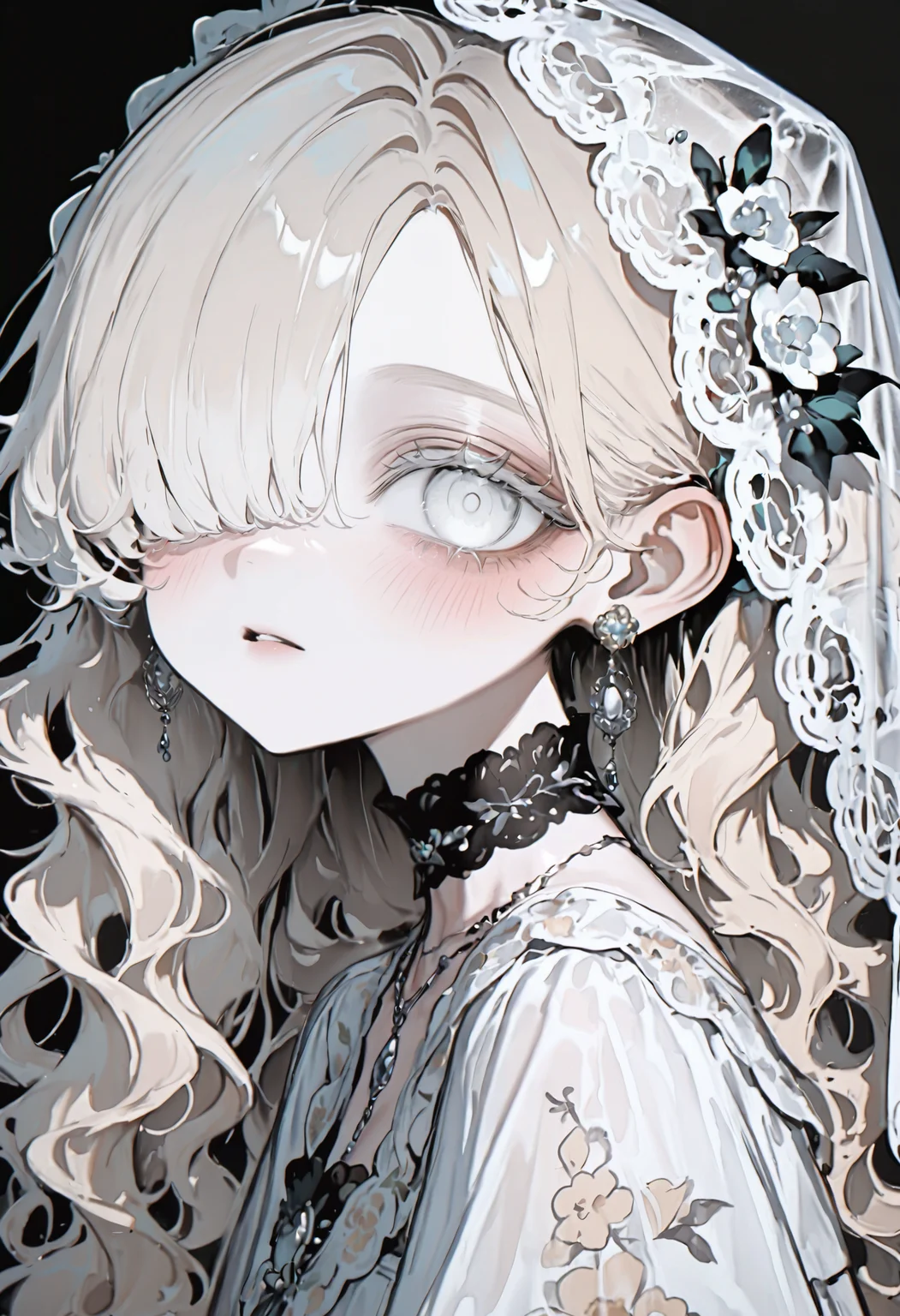 <lora:bmEybWVndV9f-illustriousXL_v01_V2-CAME>, bmEyb, 1girl, jewelry, solo, looking at viewer, white eyes, black background, hair over one eye, long hair, earrings, hair ornament, parted lips, simple background, upper body, dress, flower, blush, hair flower, white dress, wavy hair, blonde hair, portrait, veil, from side, choker, floral print, lace, necklace, embroidery, dark background, lace choker