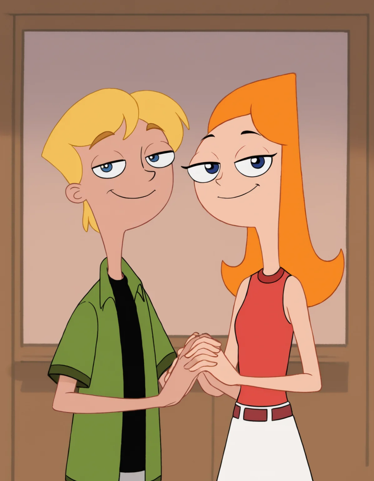 ,highres, <lora:canjermpd:0.85> candace flynn, jeremy johnson, 1girl, 1boy, parody,orange hair,blonde hair,short hair, long hair,blue eyes, black eyes,happy,looking at viewer, holding hands,