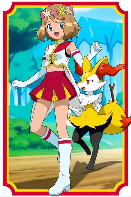 anime, anime screencap, pokemon, serenadorixlc, 1girl, smile, short hair, open mouth, blue eyes, skirt, gloves, navel, full body, flower, :d, pleated skirt, boots, tongue, elbow gloves, midriff, white gloves, medium hair, eyelashes, (pokemon \(creature\), red skirt, border, leg up, white footwear, white border, head wreath, braixen, serena \(pokemon\)
<lora:Serena_doridorich:1>
