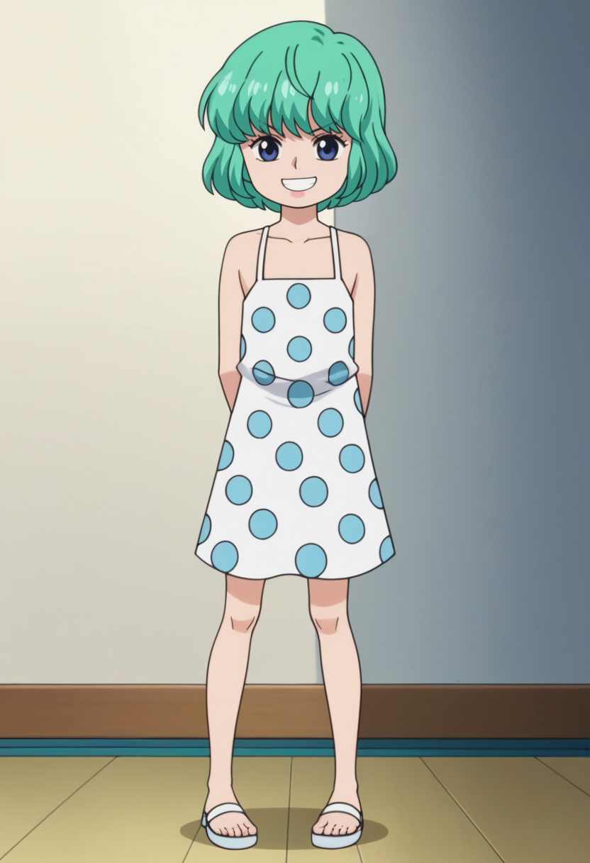 source_anime,anime screencap, anime coloring,intricate details,rating_explicit, masterpiece, best quality,
(best quality, absurd res, ultra detailed),,(4 finger:0.5),1girl, ((solo)), good eyes,perfect eyes,,detailed eyes, zPDXLxxx , zPDXL3,detailed, detailed face
BREAK
solo,indoors,front view,full body,
sugar, green hair, short hair, blue eyes, , polka dot dress, dress,hands behind back,,
smug,grin,v-shaped eyebrows,
, <lora:add-detail-xl:2>  <lora:Sugar:0.8>