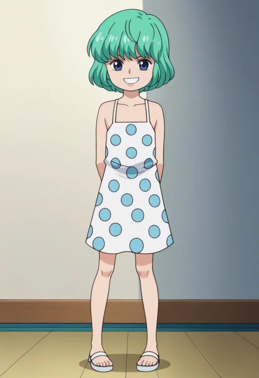 source_anime,anime screencap, anime coloring,intricate details,rating_explicit, masterpiece, best quality,
(best quality, absurd res, ultra detailed),,(4 finger:0.5),1girl, ((solo)), good eyes,perfect eyes,,detailed eyes, zPDXLxxx , zPDXL3,detailed, detailed face
BREAK
solo,indoors,front view,full body,
sugar, green hair, short hair, blue eyes, , polka dot dress, dress,hands behind back,,
smug,grin,v-shaped eyebrows,
, <lora:add-detail-xl:2>  <lora:Sugar:0.8>