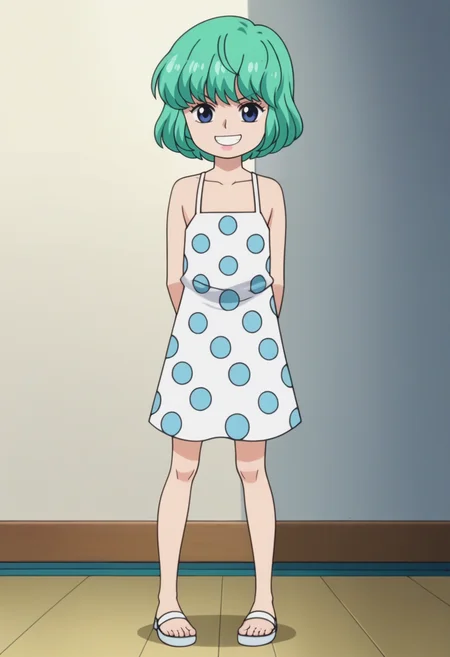 source_anime,anime screencap, anime coloring,intricate details,rating_explicit, masterpiece, best quality,
(best quality, absurd res, ultra detailed),,(4 finger:0.5),1girl, ((solo)), good eyes,perfect eyes,,detailed eyes, zPDXLxxx , zPDXL3,detailed, detailed face
BREAK
solo,indoors,front view,full body,
sugar, green hair, short hair, blue eyes, , polka dot dress, dress,hands behind back,,
smug,grin,v-shaped eyebrows,
, <lora:add-detail-xl:2>  <lora:Sugar:0.8>