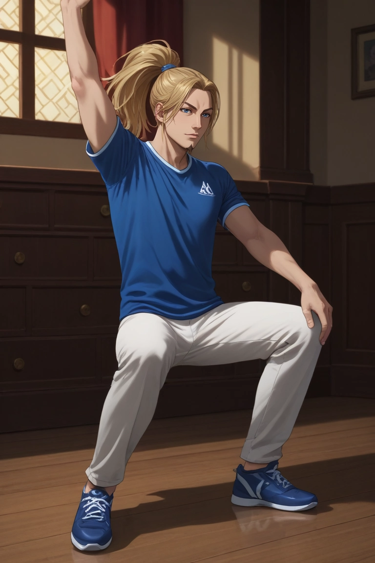 score_9, score_8_up, score_7_up, , rating_safe, intricate details, (photorealistic:0.6), , , 1boy, solo, male focus, <lora:li_mu_pony:0.84>, li_mu, blonde hair, blue eyes, long hair, ponytail, facial hair, goatee, , full body, dock, indoors, light, stretching, relaxed, , <lora:sdxl_lightning_8step_lora:1>
