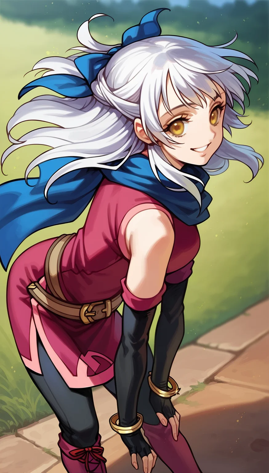 score_9,score_8_up,score_7_up,
highres,highly detailed,
<lora:micaiah:0.9>,
micaiahfe,
1girl,solo,
white hair,long hair,bangs,
yellow eyes,looking at viewer,smile,
blue hair bow,gold bracelet,blue scarf,brown leather belt,purple sleeveless tunic,black detached sleeves,red ribbon,
black pantyhose,
leaning forward,(face focus:1.1),hands on knee,from above,
blurry background,outdoors,(dawn:1.1),(bloom:1.2),(light particles:1.1),sky,field,Dreamy forest,