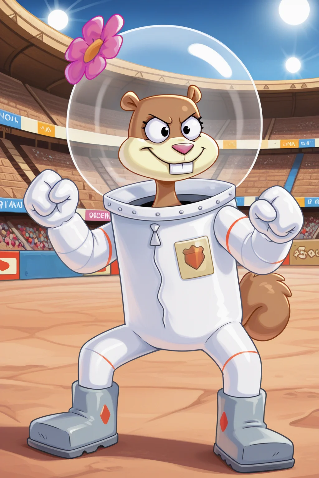 masterpiece, best quality, amazing quality, absurdres, sandycheeks, furry female, brown fur, solo, smile, serious, confident, fighting stance, pink flower, space helmet, white spacesuit, grey boots, outdoors, stadium, arena, colosseum