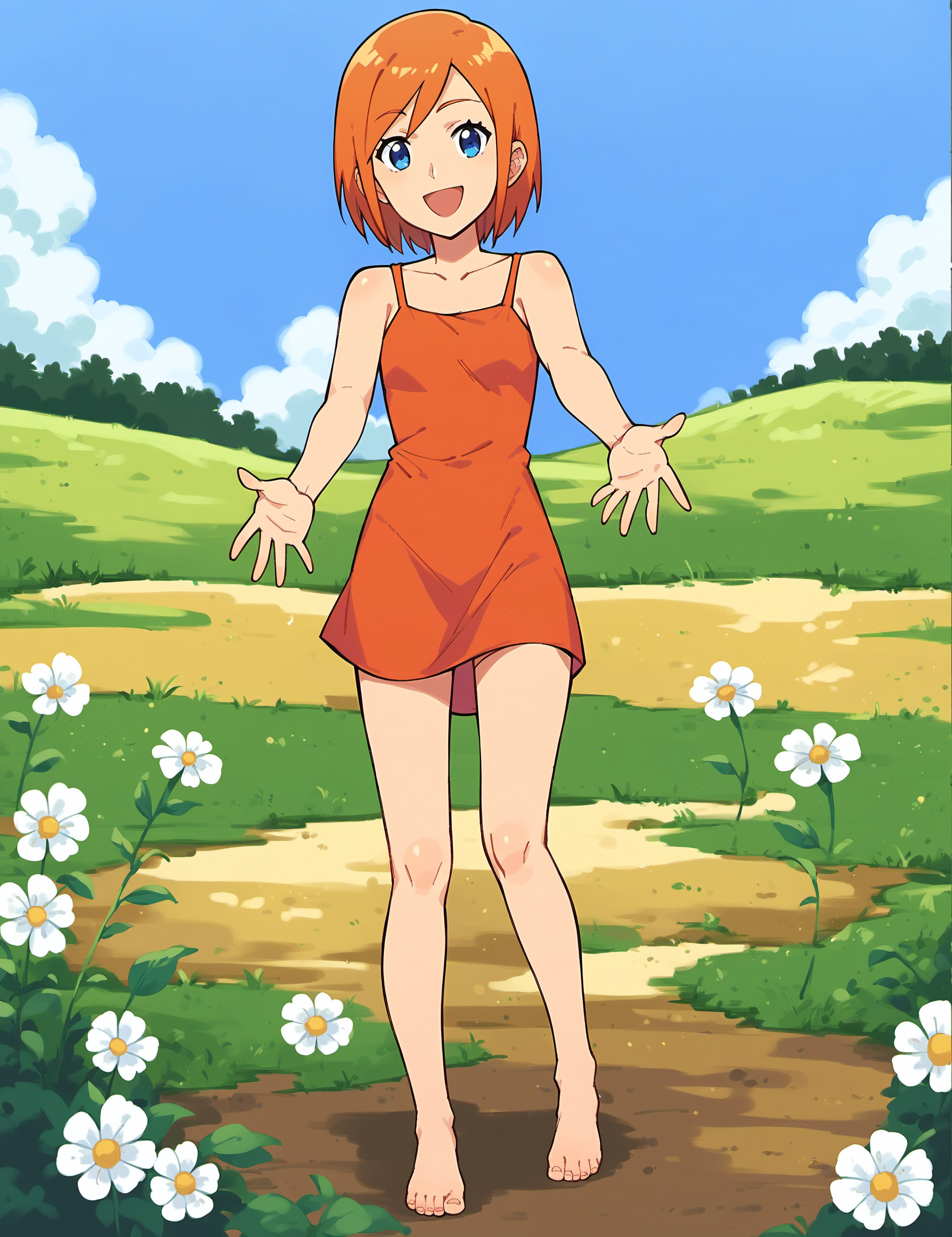 score_9, score_8_up, score_7_up, score_6_up,
BREAK
lunaMWS, 1girl, blue eyes, full body, orange hair, short hair, swept bangs, happy, :d, smile, open mouth, looking at viewer,  standing, reaching towards viewer,
BREAK
red sundress, barefoot
BREAK
daylight, blue sky, cloud, flower field, olive,   <lora:Luna_PlanetSurvival:1>