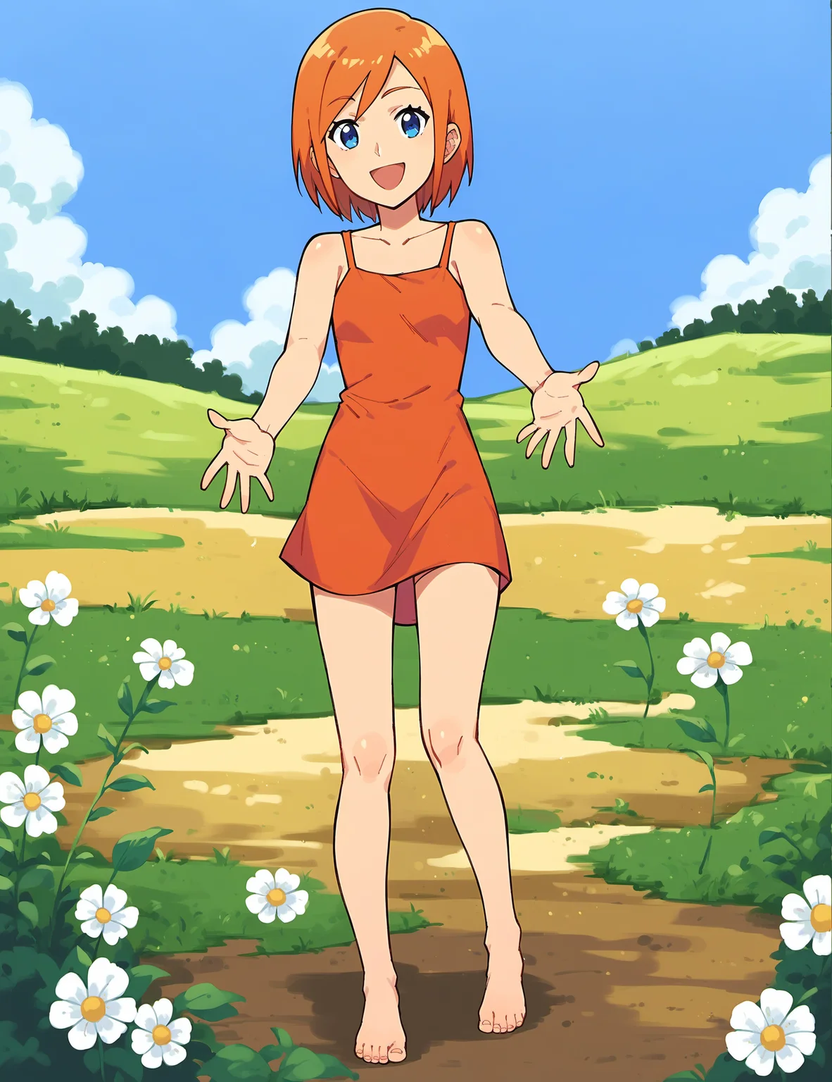 score_9, score_8_up, score_7_up, score_6_up,
BREAK
lunaMWS, 1girl, blue eyes, full body, orange hair, short hair, swept bangs, happy, :d, smile, open mouth, looking at viewer, standing, reaching towards viewer,
BREAK
red sundress, barefoot
BREAK
daylight, blue sky, cloud, flower field, olive, <lora:Luna_PlanetSurvival:1>