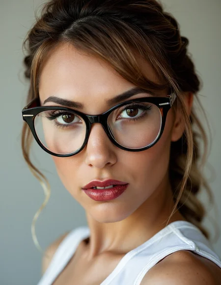 A striking portrait of a fierce woman with piercing eyes and bold, direct eye contact. She wears natural-looking brick-red lipstick and large, avant-garde glasses. The composition embodies a high-fashion editorial aesthetic, blending ethereal beauty with dramatic shadows and luxurious fashion details. The zoomed-out perspective places the subject in 30% of the frame, leaving ample negative space around her head for a modern, minimalist feel. The subtle 3D effect enhances the visual depth, creating a captivating and dynamic image.