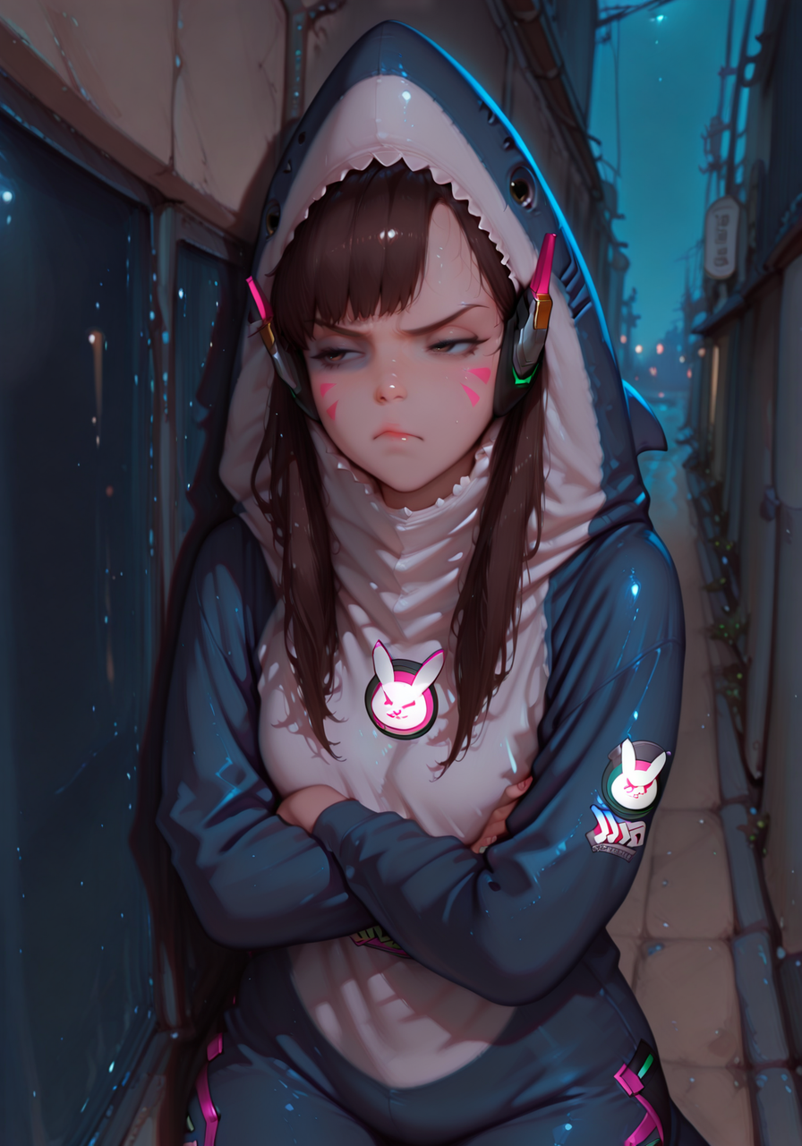 embedding:IllusP0s, artist: moriimee, blahaj_\(shark costume\), 1girl, arms crossed, annoyed, d.va_\(overwatch\), outdoors, night, solo,<lora:blahaj_ill_v2.safetensors:1.0:1.0> <lora:MoriiMee_Gothic_Niji_Style_Illustrious_r1.safetensors:1:1>