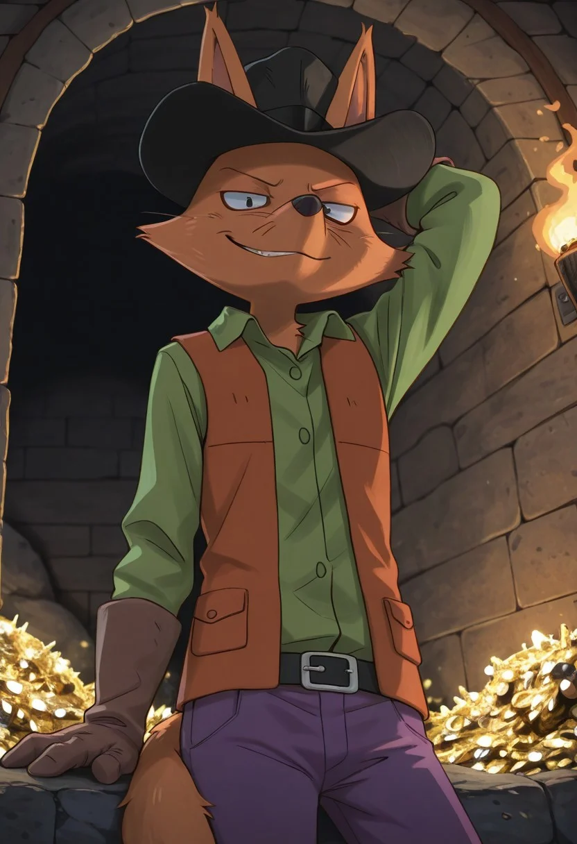 detailed background, detailed fur, cowboy shot, solo, 1boy, mid adult, ZorondoRon, fox, cocky smirk, head movement, western scenery, western background, indoors, under tunnel, boulder, lit torch, treasure, hand behind head, detailed scenery, black cowboy hat, green button up shirt, reddish brown vest, brown gloves, purple pants, masterpiece, best quality, amazing quality, absurdres, newest, high res, ultra detailed, best quality, best artwork, detailed eyes, (eyes focus), perfect eyes, big iris, pupils visible, 4k, ultra quality, perfect face