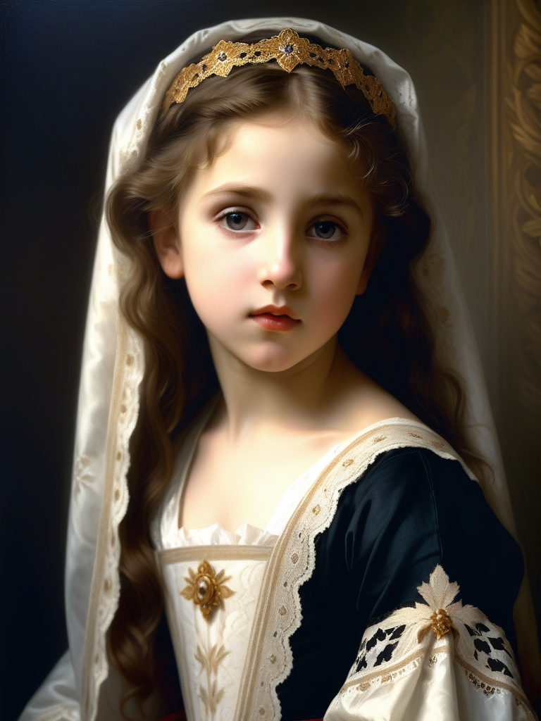 <lora:05ClassicalArt_Hap_XL:1>, William-Adolphe Bouguereau style,  Girl with a rich, captivating expression, intricate lace detail in her opulent garb, soft backlight enhancing facial features, in a renaissance painting style, high dynamic range, oil on canvas texture, chiaroscuro technique, dramatic lighting, ultra realistic.ï¼