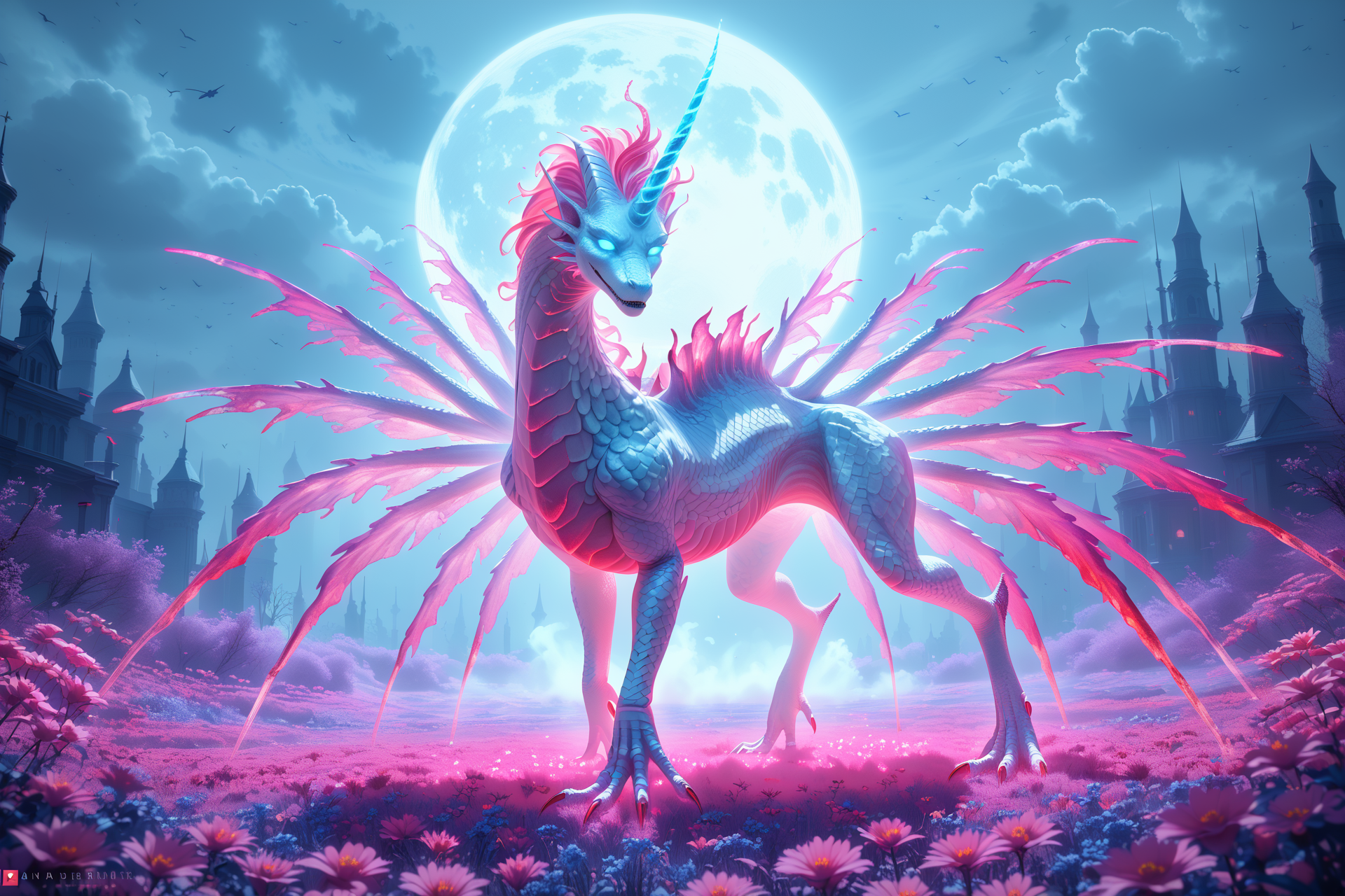 score_9, score_8_up, score_7_up (best quality, masterpiece, beautiful and aesthetic:1.2) glowing glass unicorn sits in a field of glowing blue-red frozen flowers, ominous darkness, moon, a lot of fog, haze, a lot of blue-red fireflies, silver scales shimmering in the moonlight , glowing eyes, white glowing mane <lora:CTDRM:0.7> ctdrm, dreamy, soft lighting, fantasy style, surreal lighting, sinister, mystical, archaic, very colorful, high resolution, many details, The image is a hyper-realistic CGI rendering of a hauntingly realistic