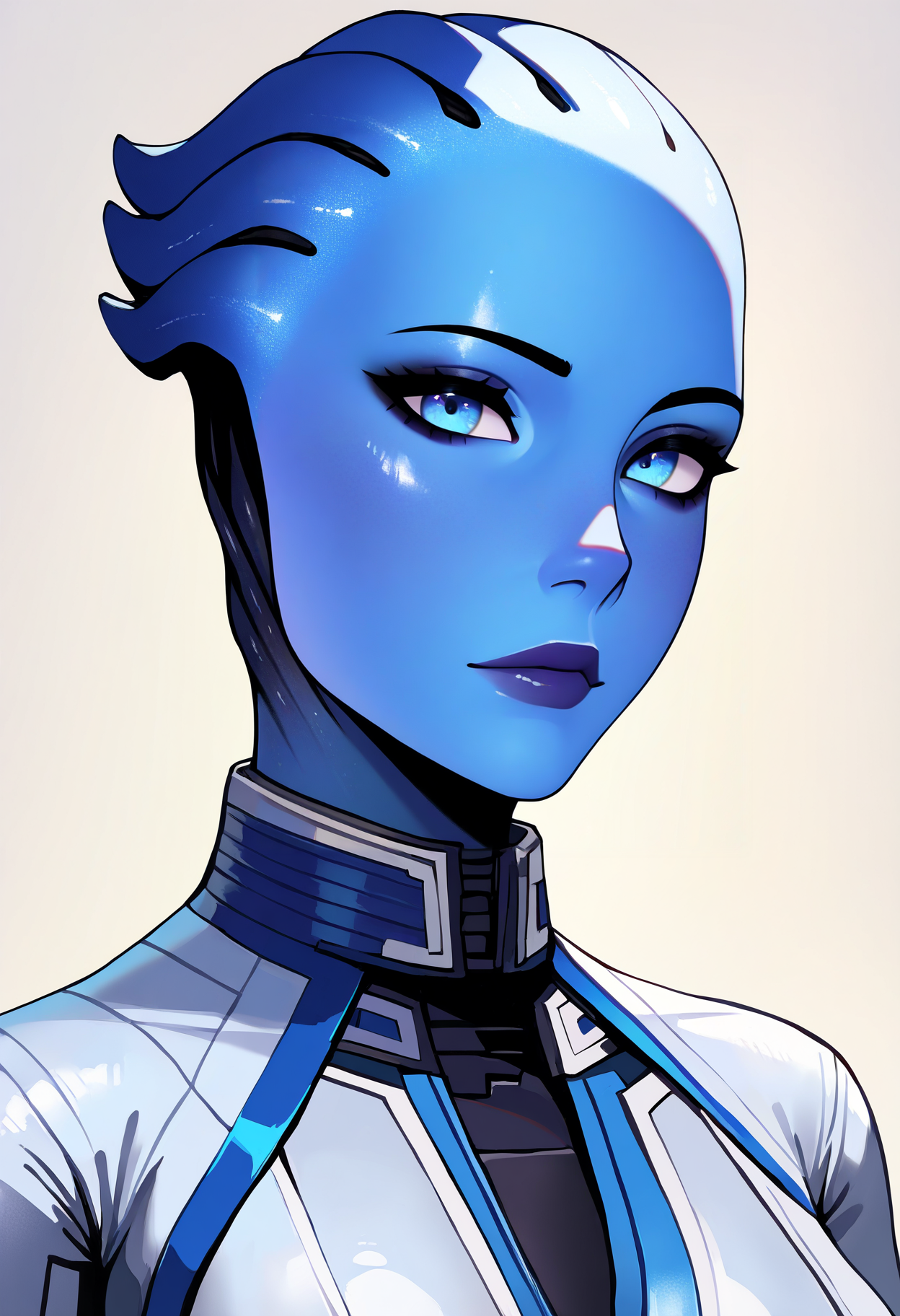 masterpiece, best quality, very aesthetic, absurdres,
1girl, liara, blue eyes, blue skin, 
bodysuit, armor, 
upper body, looking at viewer, solo, simple background, white background,    <lora:LiaraNoobXL_byKonan:1>