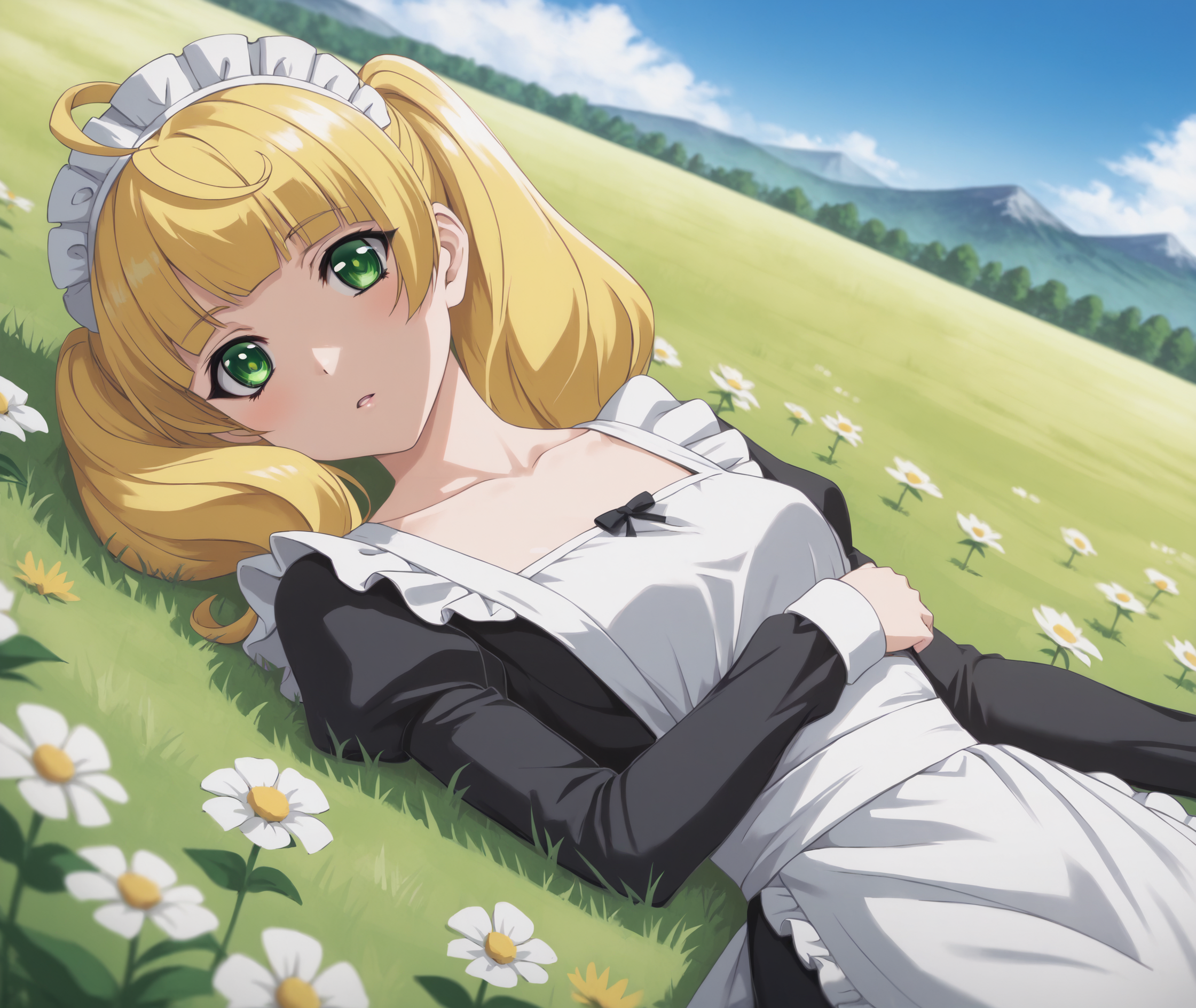 score_9, score_8_up, score_7_up, highres, hi res, best quality, masterpiece, 2d, intricate details, 4k, anime coloring,
1girl, solo, female, solo focus, blonde hair, twintails, green eyes, ahoge, blunt bangs, sidelocks,
breasts, medium breasts, small breasts, maid headdress, maid, maid apron, long sleeves, frilled skirt, frills, frilled dress, frilled sleeves, maid dress, collarbone, 
lying, on side, on back, cowboy shot, head tilt, looking up, outdoors, on grass, field, flower field, depth of field, mountain, horizon, blue sky, <lora:Yuzu1024_Pony:1>, ren'ai boukun, kichougasaki yuzu,