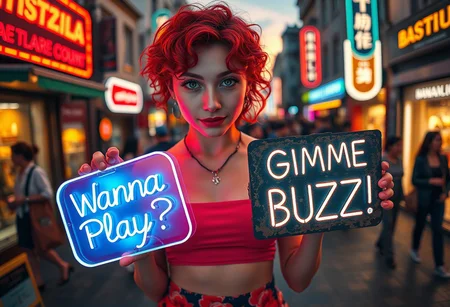 A captivating and lively portrait of a stunning Japanese woman with porcelain-white skin, mesmerizing light green eyes, and short, curly red hair that frames her face with playful volume. She’s holding two glowing neon signs—one vibrant and bold with the playful words “Wanna Play?” and another slightly weathered and edgy with the phrase “Gimme BUZZ!” in a gritty, electric font. Her outfit is chic and modern: a snug crop top paired with a vibrant skirt that complements her confident yet approachable demeanor.
The scene unfolds on Istanbul’s iconic İstiklal Street at sunset, with warm golden hues illuminating the bustling street lined with colorful shops and dynamic crowds. The background is artistically blurred, drawing focus to her figure and the vibrant signs. Hyper-detailed textures highlight the soft curls of her hair, the worn texture of the second sign, and the glowing brilliance of both messages. The shot captures a cinematic, eye-catching essence using a Hasselblad camera and a 12mm fisheye lens, emphasizing her bold, playful, and captivating energy.