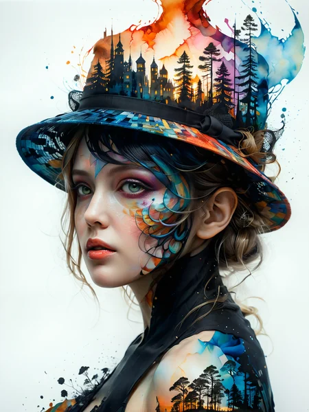 mysterious silhouette woman with hat, by Minjae Lee, Carne Griffiths, Emily Kell, Steve McCurry, Geoffroy Thoorens, Aaron Horkey, Jordan Grimmer, Greg Rutkowski, amazing depth, double exposure, surreal, geometric patterns, intricately detailed, bokeh,  perfect balanced, deep fine borders, artistic photorealism , smooth,  great masterwork by head of prompt engineering   <lora:add-detail-xl:2>  <lora:Double_Exposure:0.5>  hyperkraximalism  <lora:hyperkraximalism:0.72>