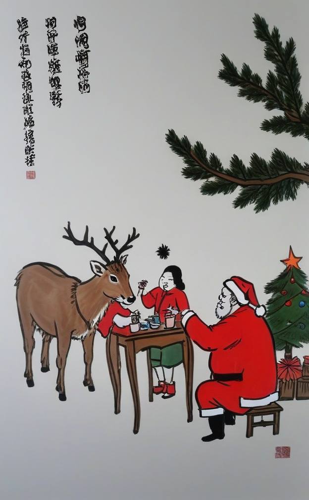 <lora:feng_zikai_style:1> chinese painting of Christmas faimly time, feng zika style