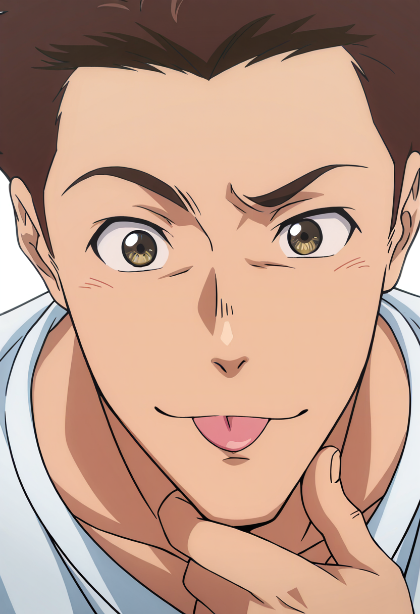 masterpiece, best quality, newest, absurdres, anime screencap, intricate details, good quality, very awa, highres, perfect proportions, perfect eyes, amazing quality, very aesthetic, <lora:Sakaki_Shohei_Love_All_Play.safetensors:1.0>,  1boy, shoh31_sakak1, brown_shoh31_sakak1_eyes, brown_shoh31_sakak1_hair, anime coloring, solo, male focus,  closed mouth, :p, stroking own chin, close up, raised eyebrow, white background,  shadow, dynamic angle, dynamic action, atmospheric perspective, intricate lighting, intricately detailed illustration, depth of field,