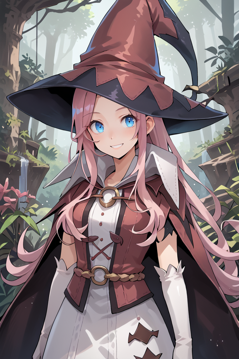 score_9, score_8_up, score_7_up, score_6_up, source_anime, BREAK, <lora:Pamela:0.85> pamdef, 1girl, pink hair, long hair, blue eyes, witch hat, white skirt, witch outfit, white elbow gloves, cape, (face), (close-up), looking at viewer, smile, happy, scenery, exterior, outdoors, forest, jungle,  <lora:backgroundsetXL:0.25> , background,  <lora:ExobeloStyle:0.75>