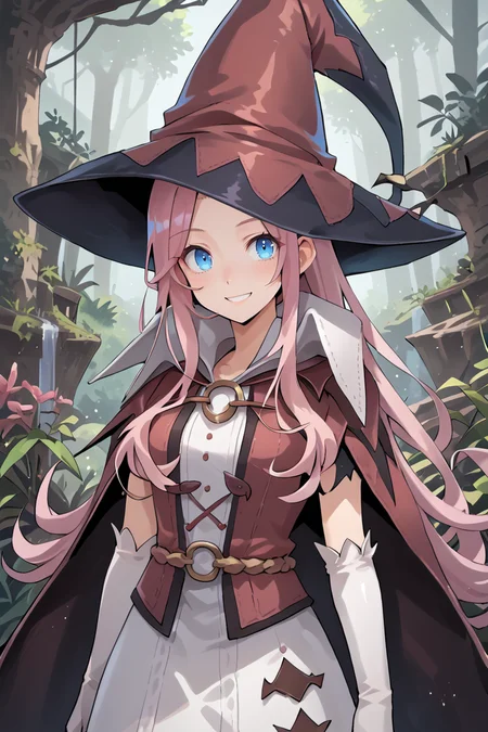score_9, score_8_up, score_7_up, score_6_up, source_anime, BREAK, <lora:Pamela:0.85> pamdef, 1girl, pink hair, long hair, blue eyes, witch hat, white skirt, witch outfit, white elbow gloves, cape, (face), (close-up), looking at viewer, smile, happy, scenery, exterior, outdoors, forest, jungle, <lora:backgroundsetXL:0.25> , background, <lora:ExobeloStyle:0.75>