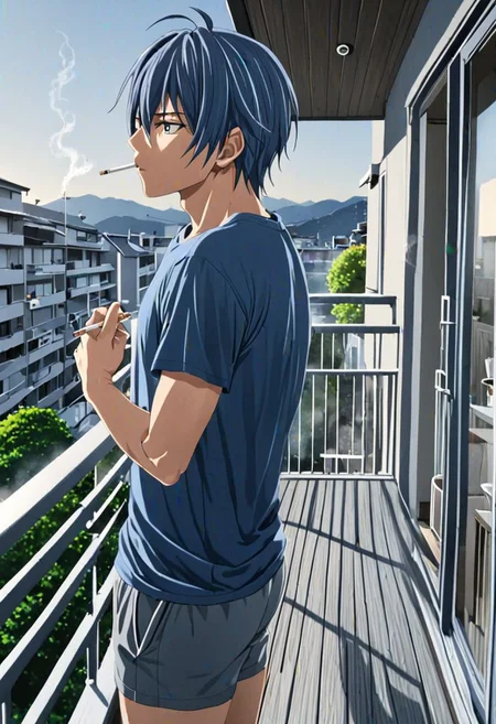 high resolution, solo, best quality, 1Boy, Tomoya Okazaki, Grey Blue Hair, home balcony, morning, cigarette, coffee, t-shirt, shorts, looking away, OverallDetail