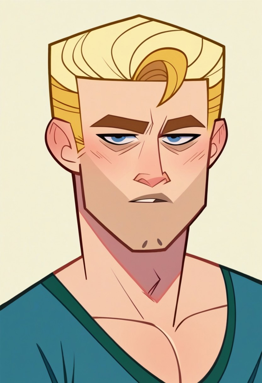 score_9, score_8_up, score_7_up, score_6_up, score_5_up, Total Drama Island Style, Flat Art Style, source_cartoon, solo, 1boy, muscled, blonde hair, total idiot, jock, lunkhead