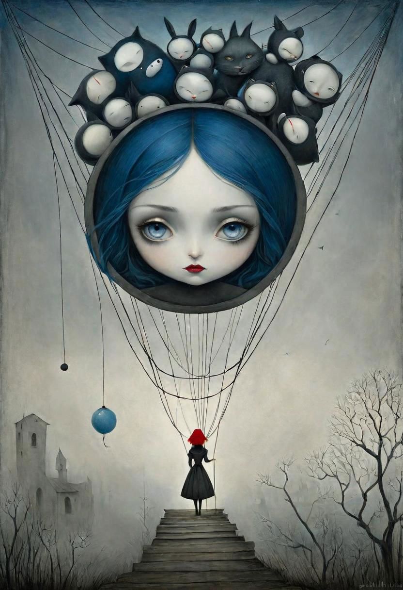 Neo Surrealism, overwhelmed by reason, by Gabriel Pacheco and Max Ernst, existential residues dark shines surrealism, deep blue, gray and dark red color scheme, fantasy Victorian art, magical realism bizarre art, pop surrealism, like Alice in wonderland, whimsical art. Generate an illustration of an anime puppeteer manipulating shadows and strings, symbolizing the art of puppeteer moves in dark psychology. The figure should have a mysterious aura.