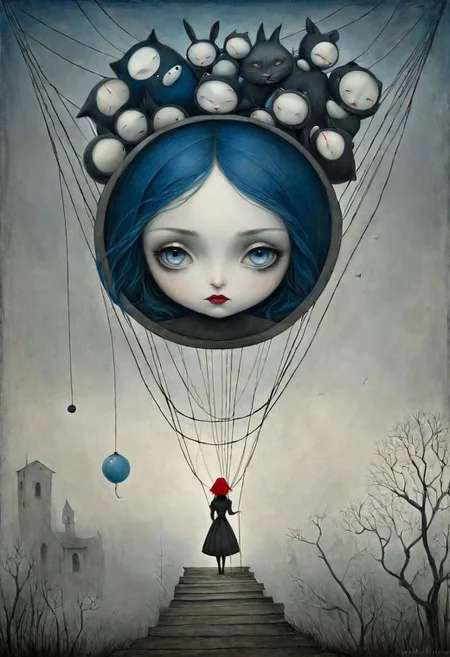 Neo Surrealism, overwhelmed by reason, by Gabriel Pacheco and Max Ernst, existential residues dark shines surrealism, deep blue, gray and dark red color scheme, fantasy Victorian art, magical realism bizarre art, pop surrealism, like Alice in wonderland, whimsical art. Generate an illustration of an anime puppeteer manipulating shadows and strings, symbolizing the art of puppeteer moves in dark psychology. The figure should have a mysterious aura.