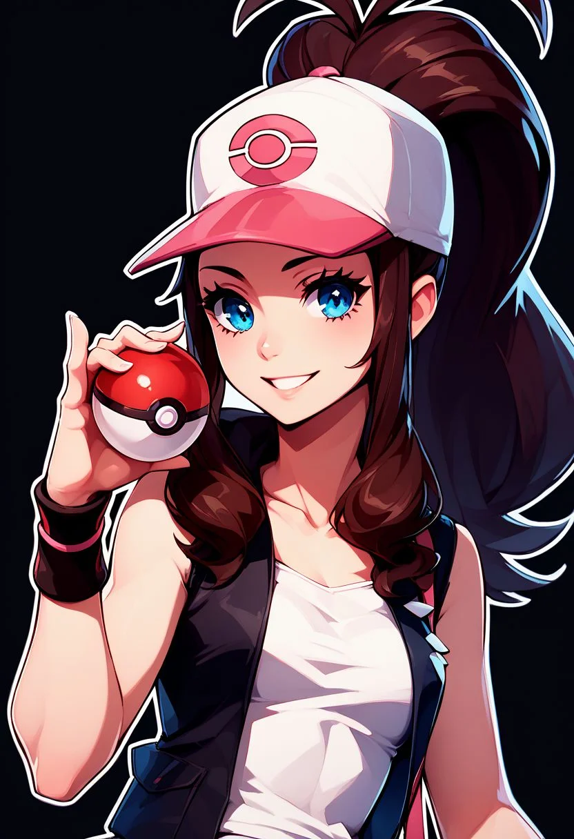 score_9, score_8_up, score_8, medium breasts, (curvy), cute, eyelashes,
rating safe,
BREAK,
holding pokeball,
zzHilda, blue eyes, long hair, high ponytail, sidelocks, hat, collarbone, white shirt, black vest, sleeveless, wristband, short shorts, denim shorts, exposed pocket,
BREAK,
smile, looking at viewer,
abstract background, black background, white outline,
zPDXL, Expressiveh