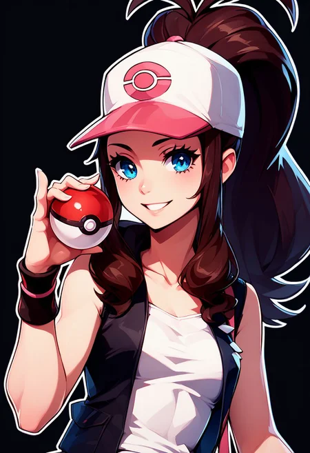 score_9, score_8_up, score_8, medium breasts, (curvy), cute, eyelashes,
rating safe,
BREAK,
holding pokeball,
zzHilda, blue eyes, long hair, high ponytail, sidelocks, hat, collarbone, white shirt, black vest, sleeveless, wristband, short shorts, denim shorts, exposed pocket,
BREAK,
smile, looking at viewer,
abstract background, black background, white outline,
zPDXL, Expressiveh