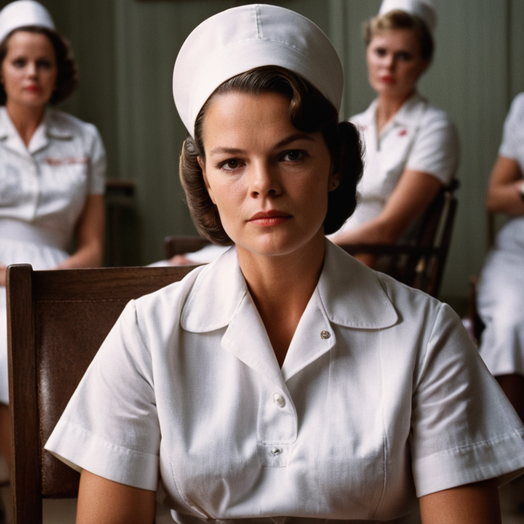 cinematic film still of  <lora:1970's style:1>
In the 1970's louise fletcher nurse ratched a woman in a white nurse uniform sitting in a chair,1girl,solo,looking at viewer,brown hair,shirt,closed mouth,white shirt,indoors,mole,lips,chair,portrait,mole under mouth,realistic,nurse cap , realistic,realism, detailed, perfection,perfect,filmic,retro,vintage,classic,different haircut,different look,different style,different people, 1970's style , 1970 style, shallow depth of field, vignette, highly detailed, high budget, bokeh, cinemascope, moody, epic, gorgeous, film grain, grainy