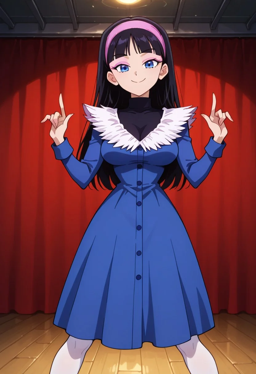 <lora:anime_screencap-IL v-pred:1>, anime screencap, anime coloring, amazing quality, very aesthetic, absurd resolution, masterpiece, 4k resolution, perfect anatomy, perfect eyes, (hand with four fingers and one thumb), BREAK 1girl, 3/4 body shot, <lora:trixie_adult_cartoon-04:1.0>, TrixieFOP, source_cartoon, official style, black hair, long hair, blunt bangs, blue eyes, pink headband, lilac eyeshadow, tall female, slim sexy body, medium breasts, sexy standing pose, legs apart, lewd lower body, shifting her hips, looking at viewer, happy smile, joy, (<lora:blue_concert_ill-05:1>, (blue shirtdress, v-neck, white feather neckline, blue buttons, long sleeves, blue sleeves, knee-length dress, white feather hemline,), (black turtleneck, sleeveless, under dress,), white pantyhose, ), breast focus, BREAK (theatre background, stage, wooden floor, red curtain, no men, 1girl, solo,),