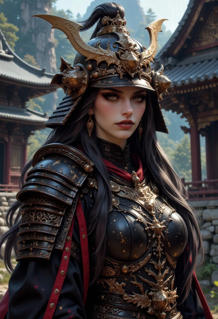portrait of female Japanese samurai in leather and bronze armour, inticate helmet, dark eyeshadow, red lips, long flowing hair, directional lighting, outside traditional eastern castle