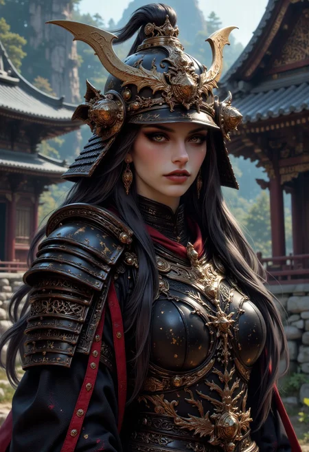 portrait of female Japanese samurai in leather and bronze armour, inticate helmet, dark eyeshadow, red lips, long flowing hair, directional lighting, outside traditional eastern castle