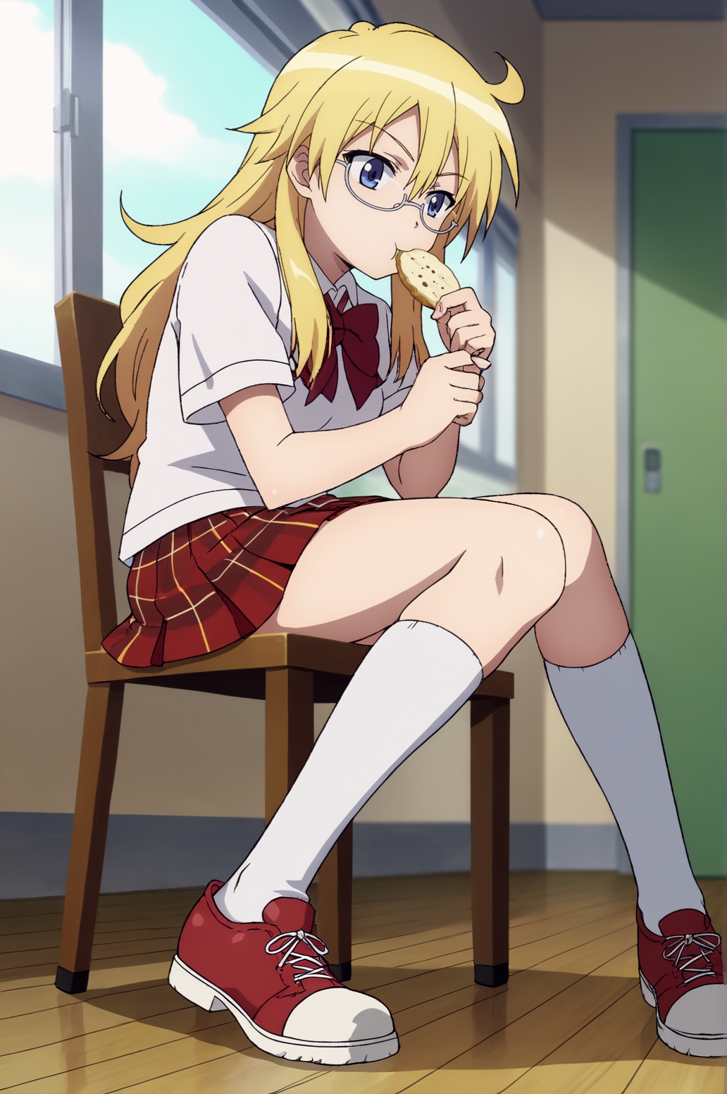 score_9, score_8_up, score_7_up,anime_source, source_anime, best background, detailed background, anime screencap,  Ayame, 1girl, eating, victory fingers, onigiri, sit, chair, glasses, plaid skirt, red footwear, school uniform, shoes, skirt, socks, solo, white socks, cross legs, dynamic camera, dynamic angle,  indoors,  <lora:JN_Ayame_Shaga:0.8>