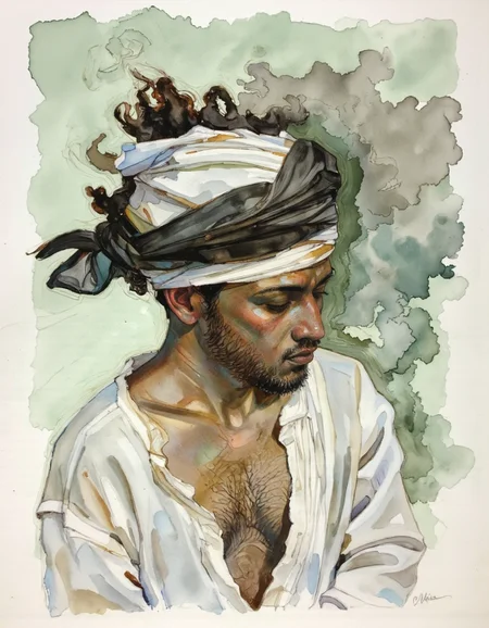 By Craig Hanna. A portrait of a middle-aged man with an afro hairstyle and a turban, depicted in a watercolor style with soft, muted colors. the man is positioned in the middle of the image, facing slightly to the right, with a serious expression. he has dark skin, a beard, and a prominent nose. his eyes are closed, and he appears to be in his early twenties. his hair is styled in a curly manner, with some strands framing his face. he is wearing a dark turban on his head, which is wrapped around his head. the background is a soft, pastel greenish-white color, with hints of smoke or mist, creating a subtle, ethereal atmosphere. the image is framed with a simple, white border, and the artist's signature is in the bottom right corner.