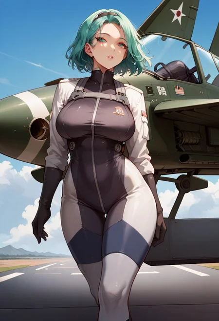 score_9, score_8_up, score_7_up, Solo, woman 28 old, chocolate color eyes, straight bangs,turquoise hair, medium length hair, straight hair, beautiful eyes, turquoise eyeshadow, air force flight suit, big breasts, round breasts, in air force flight suit, belts, gray air force flight suit, wide hips, big thighs, legs, hands in black gloves, standing, on the runway, hangars, military aircraft background, military aircraft Su-35, gray-blue color of the aircraft, detailed background, early summer morning, 4k, (masterpiece:1.2), best quality, high detail, thin contours, Detailed art style,